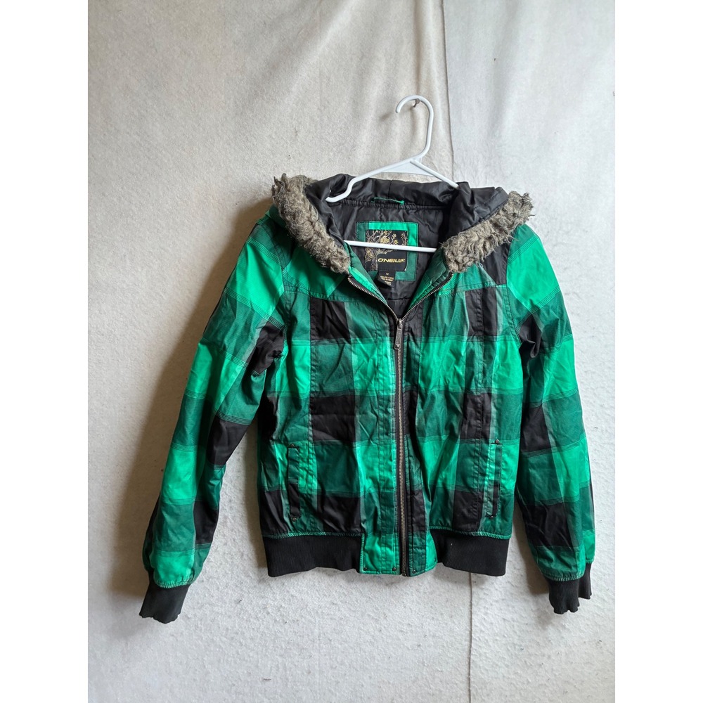 O'Neill Green Black Plaid Faux Fur Hooded Bomber Jacket Ripstop Mens Medium